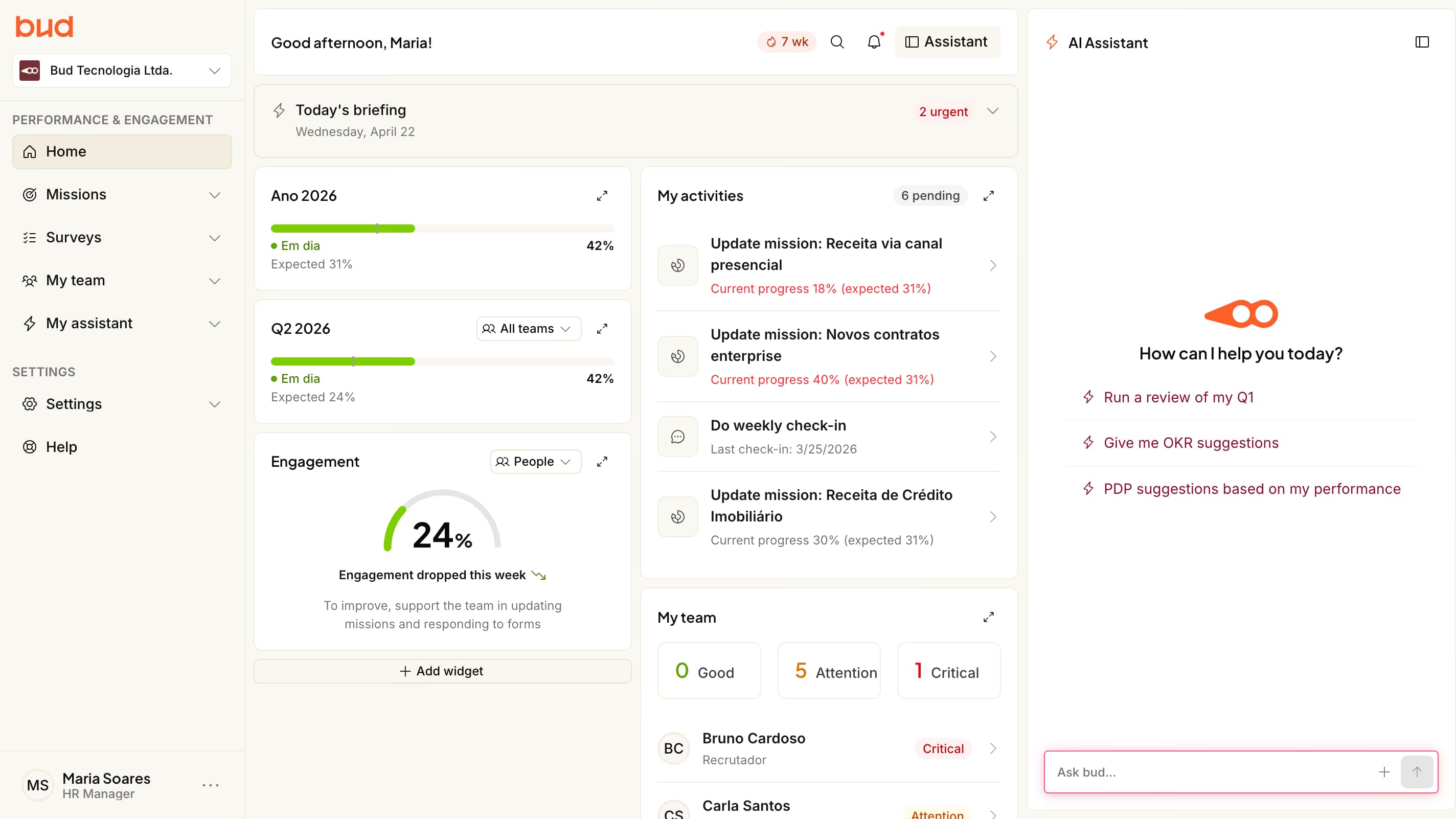 Bud platform dashboard showing the Strategy view, team KPIs, and onboarding missions table.