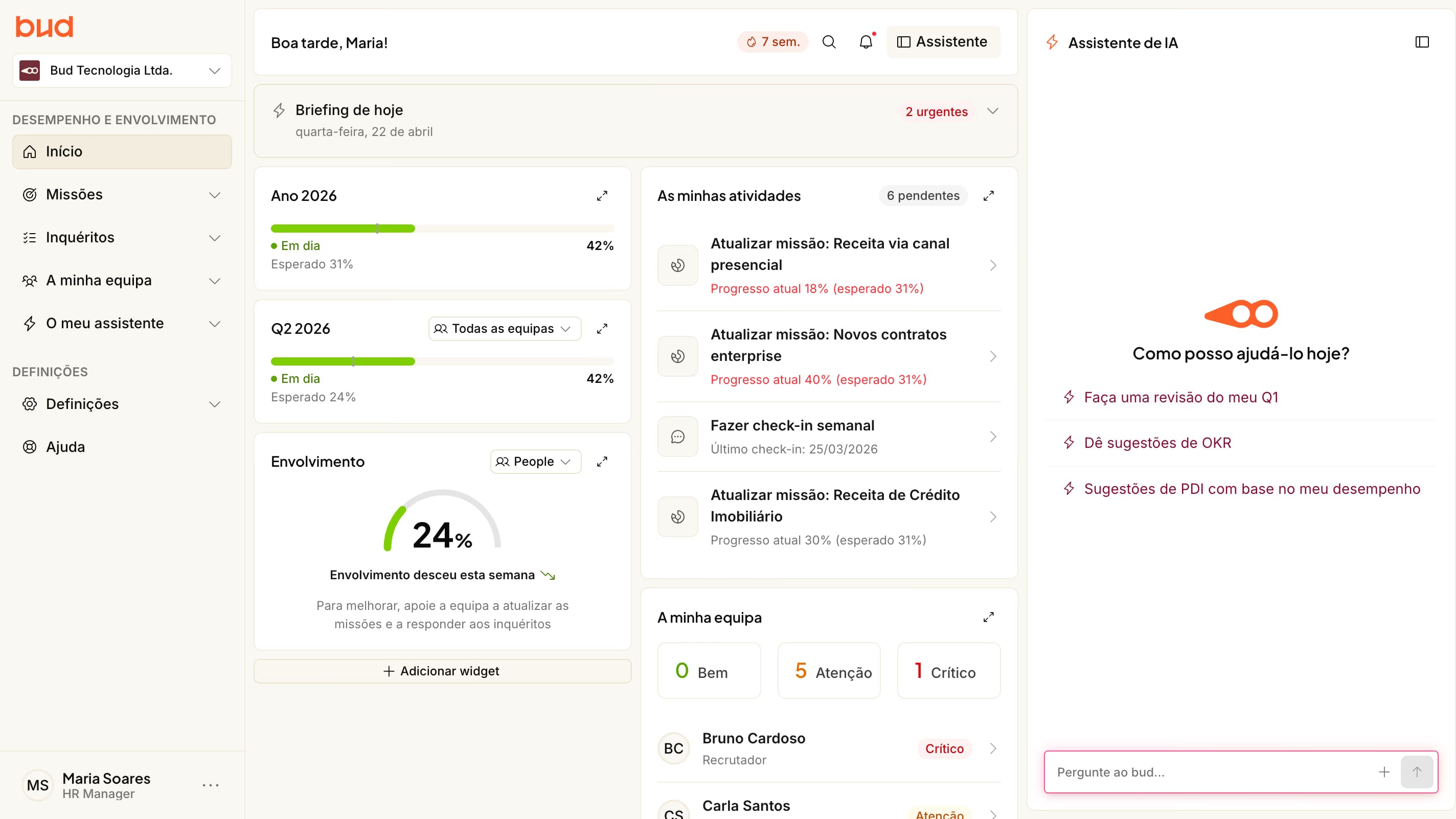 Dashboard da plataforma Bud a mostrar a vista de Estratégia, KPIs da equipa e tabela de missões de onboarding.