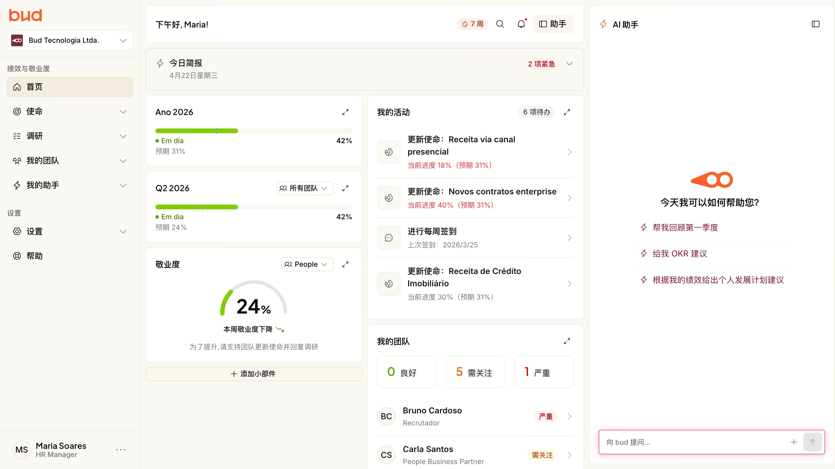 Bud 平台仪表板,展示战略视图、团队 KPI 和入职任务表。