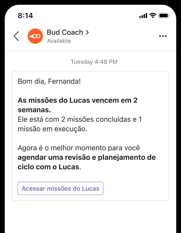 Mockup do Microsoft Teams exibindo a conversa do Bud Coach.