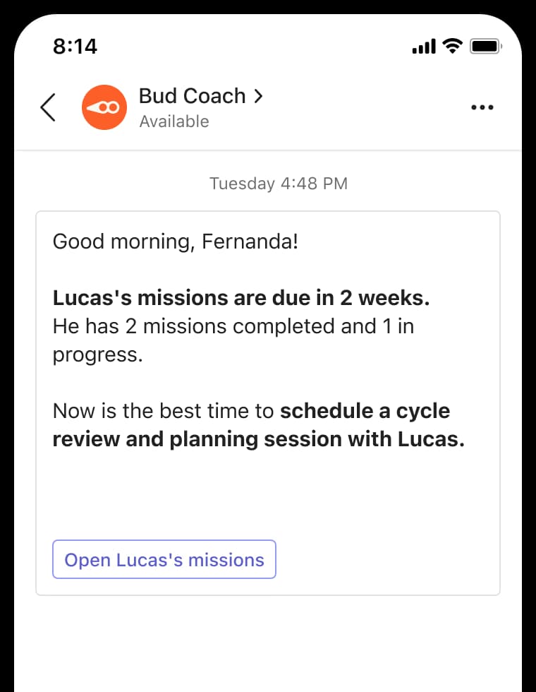 Mockup of Microsoft Teams showing the Bud Coach conversation.