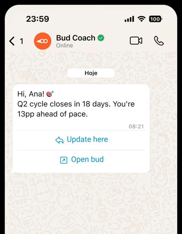 Mockup of WhatsApp showing the Bud Coach conversation.