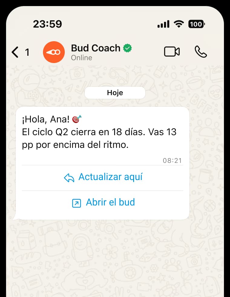 Mockup de WhatsApp mostrando la conversación del Bud Coach.